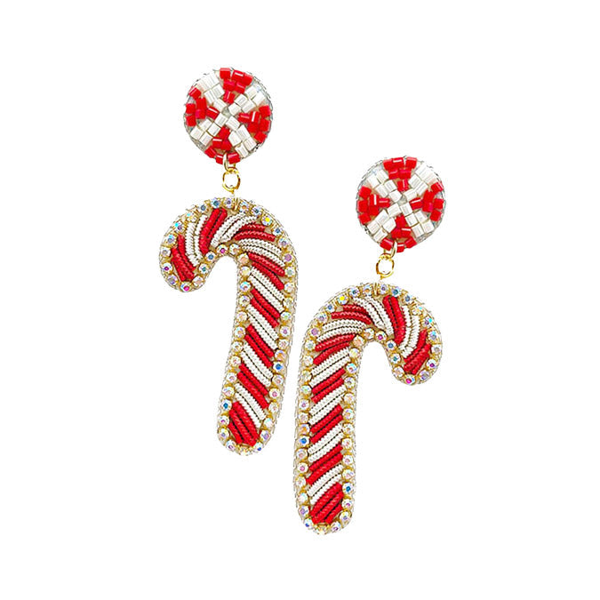 Felt Back Rhinestone Trimmed Candy Cane Dangle Earrings