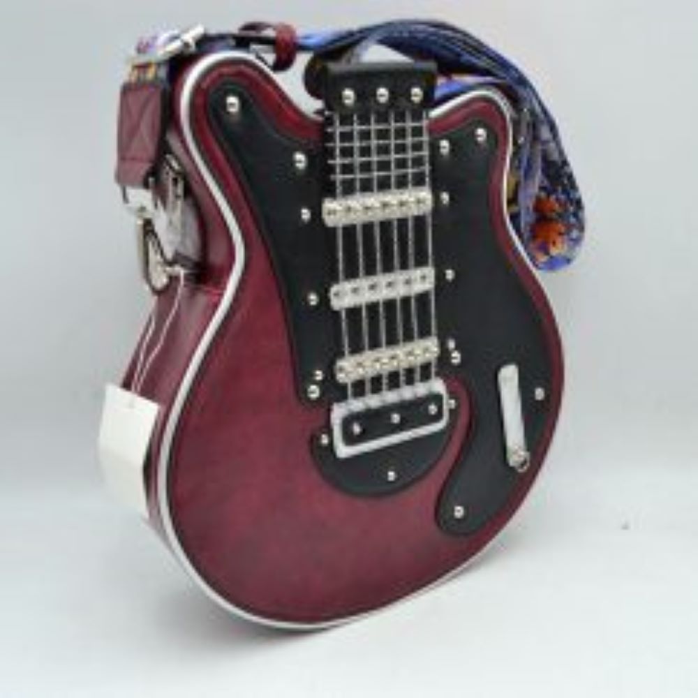 Guitar Shaped Novelty Crossbody Bag with Printed Fabric Strap