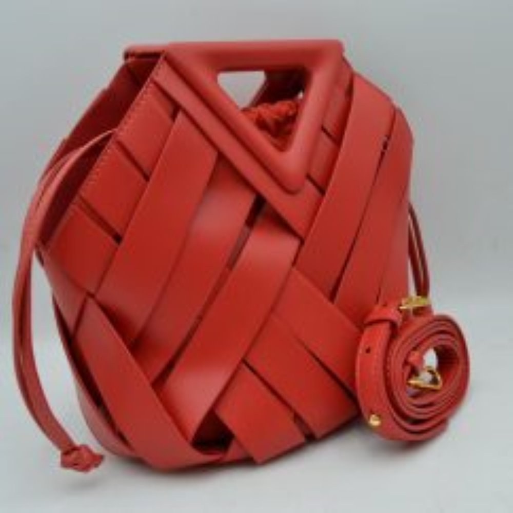 Geometric Wide Weave Bucket Bag with Triangular Top Handle