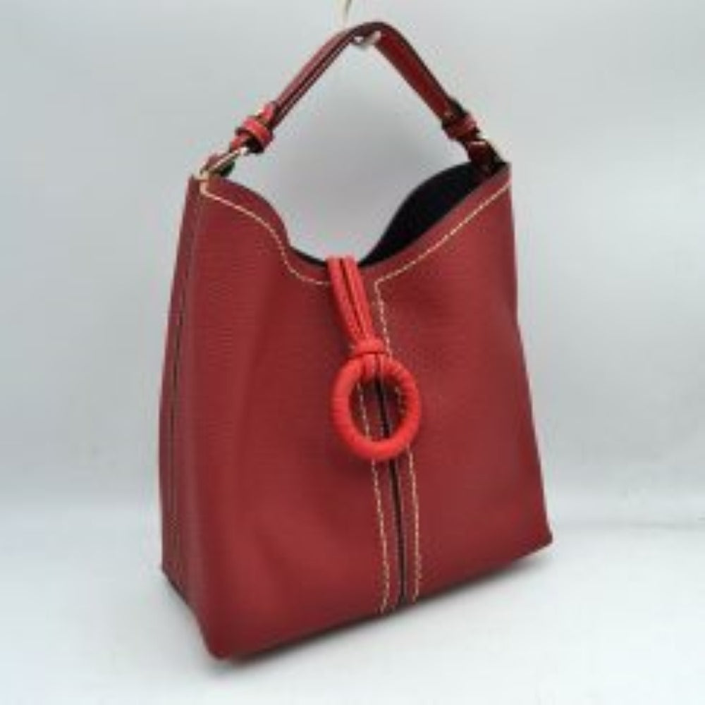 Pebbled Bucket Bag with Contrast Ring Accent and Top Handle