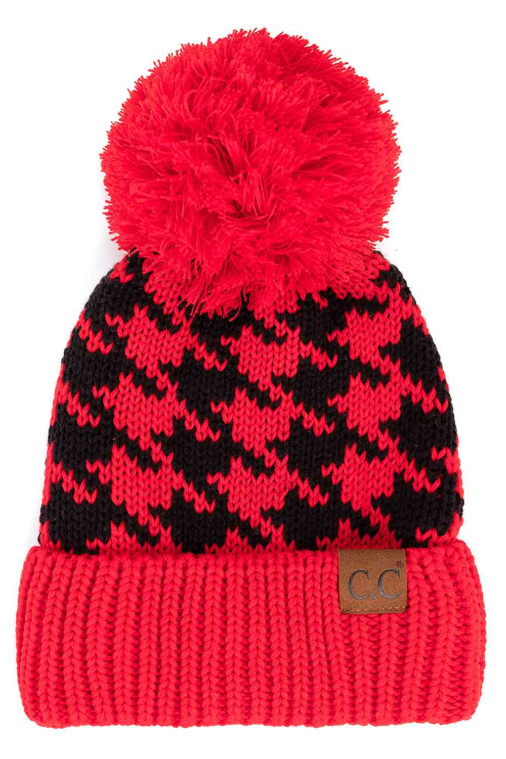 C.C Houndstooth Knit Beanie With Pom