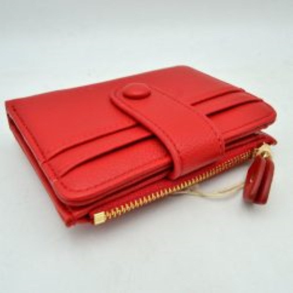 Pebbled Card Holder Wallet with Snap Button Strap and Zipper Pocket