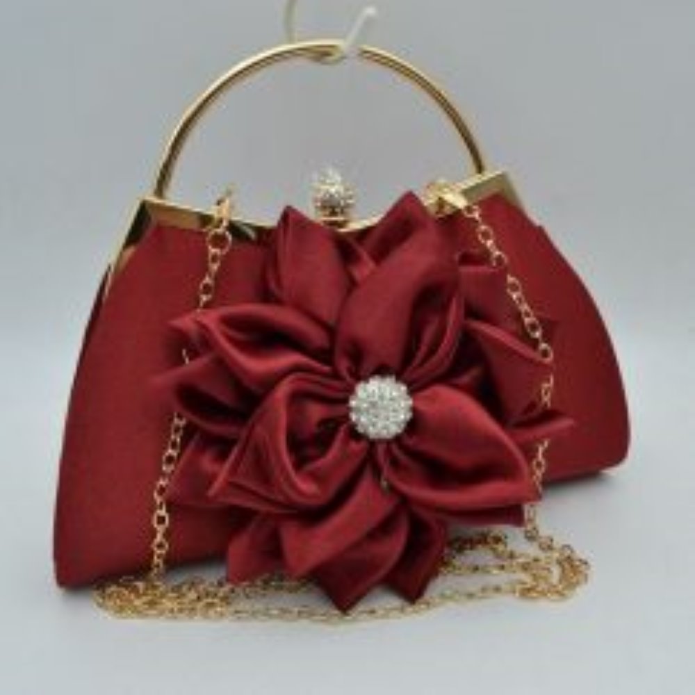 Evening Clutch Bag with Large Fabric Flower and Metal Top Handle
