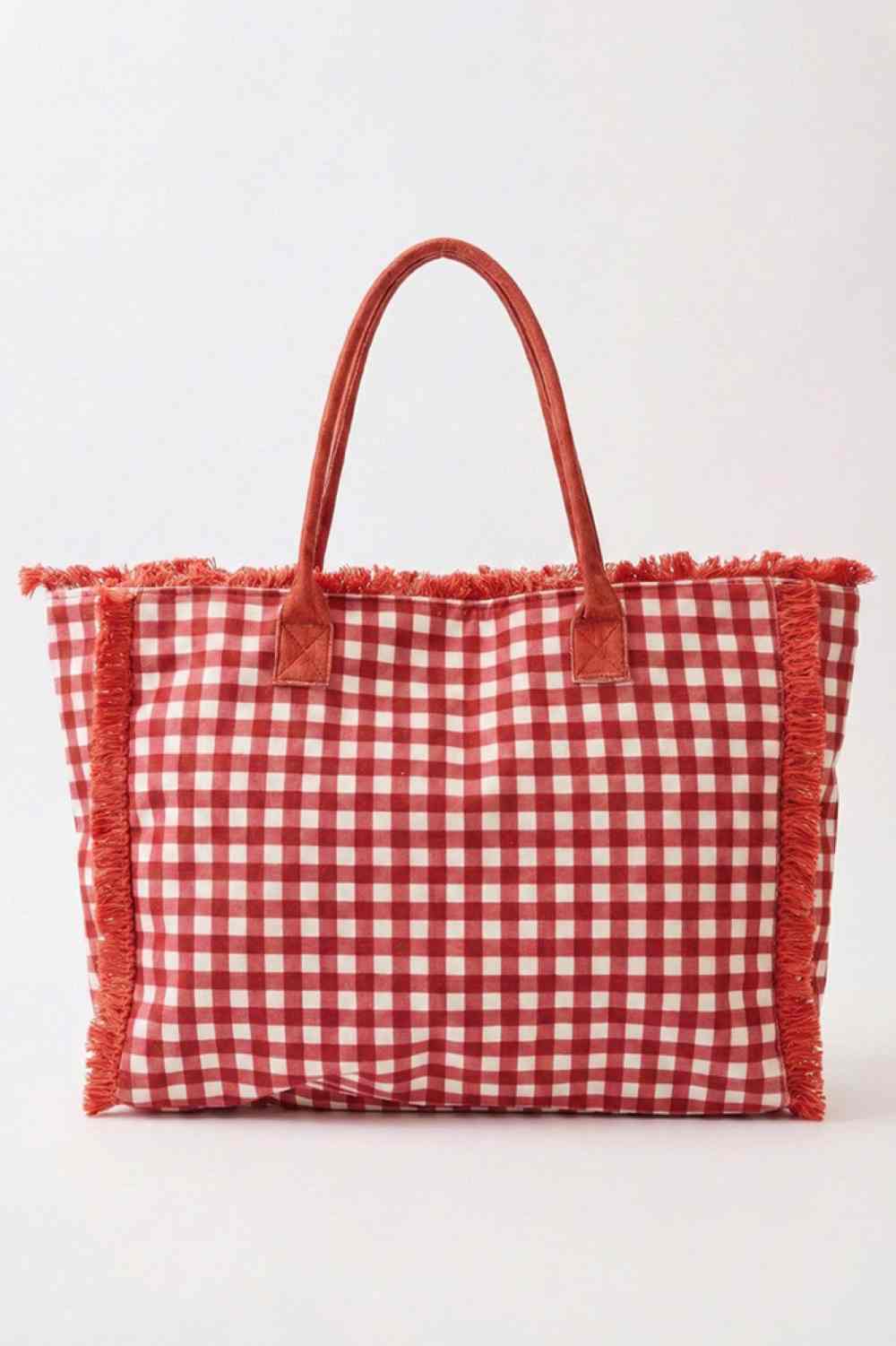 Gingham Check Frayed Trim Tote Bag