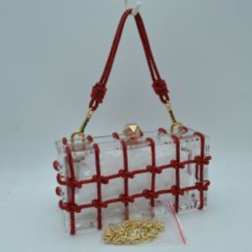 Box Clutch Bag with Cage Overlay and Cord Top Handle