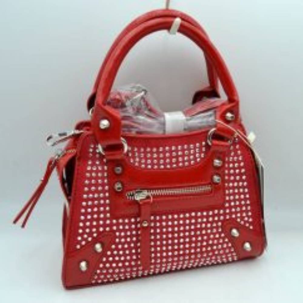 Studded Satchel Handbag with Top Handles and Removable Strap