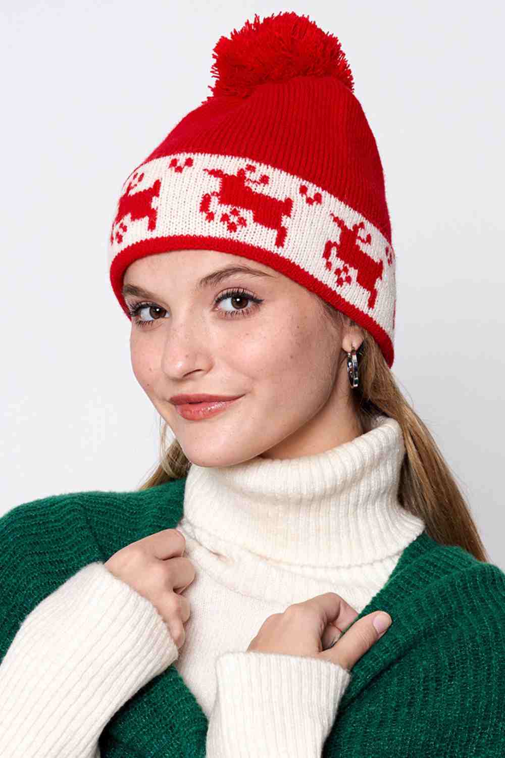 Reindeer Christmas Holiday Pom Beanie