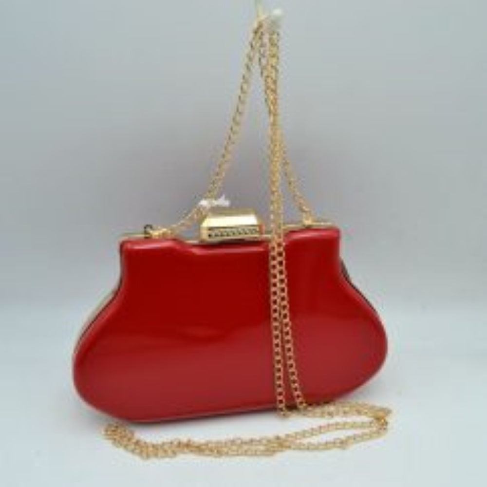 Glossy Hard Shell Clutch with Rhinestone Clasp and Chain Strap