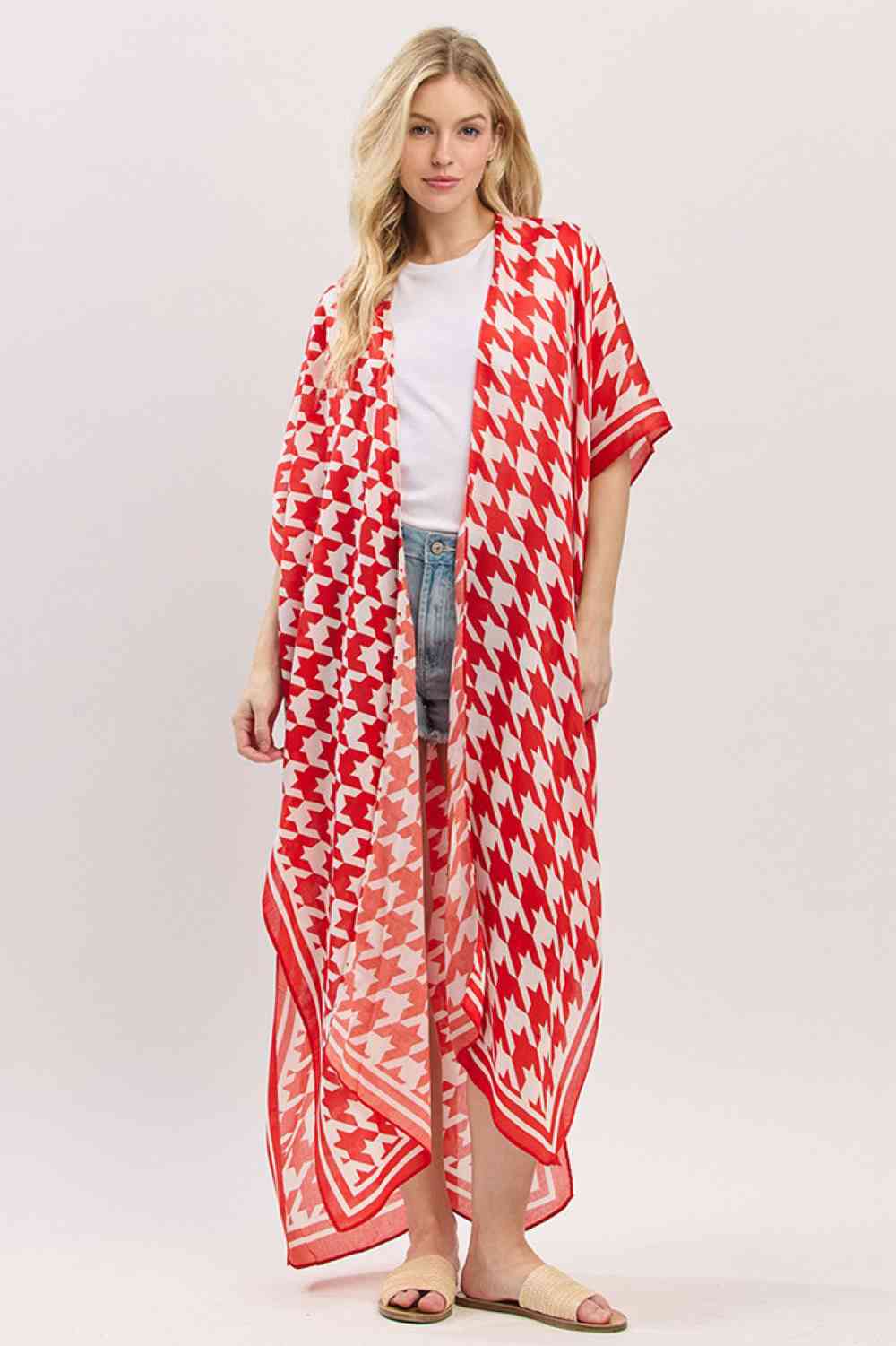 Houndstooth Pattern Open Front Long Kimono