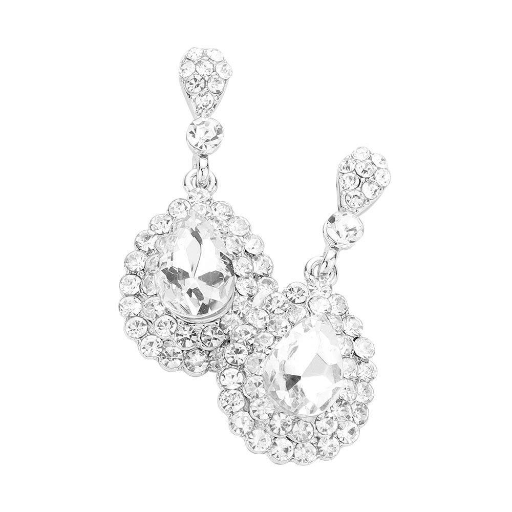 Crystal Rhinestone Trim Teardrop Stone Evening Earrings