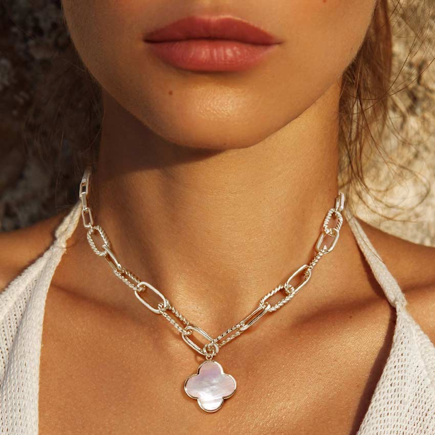 Gold Dipped Mother Of Pearl Quatrefoil Pendant Necklace