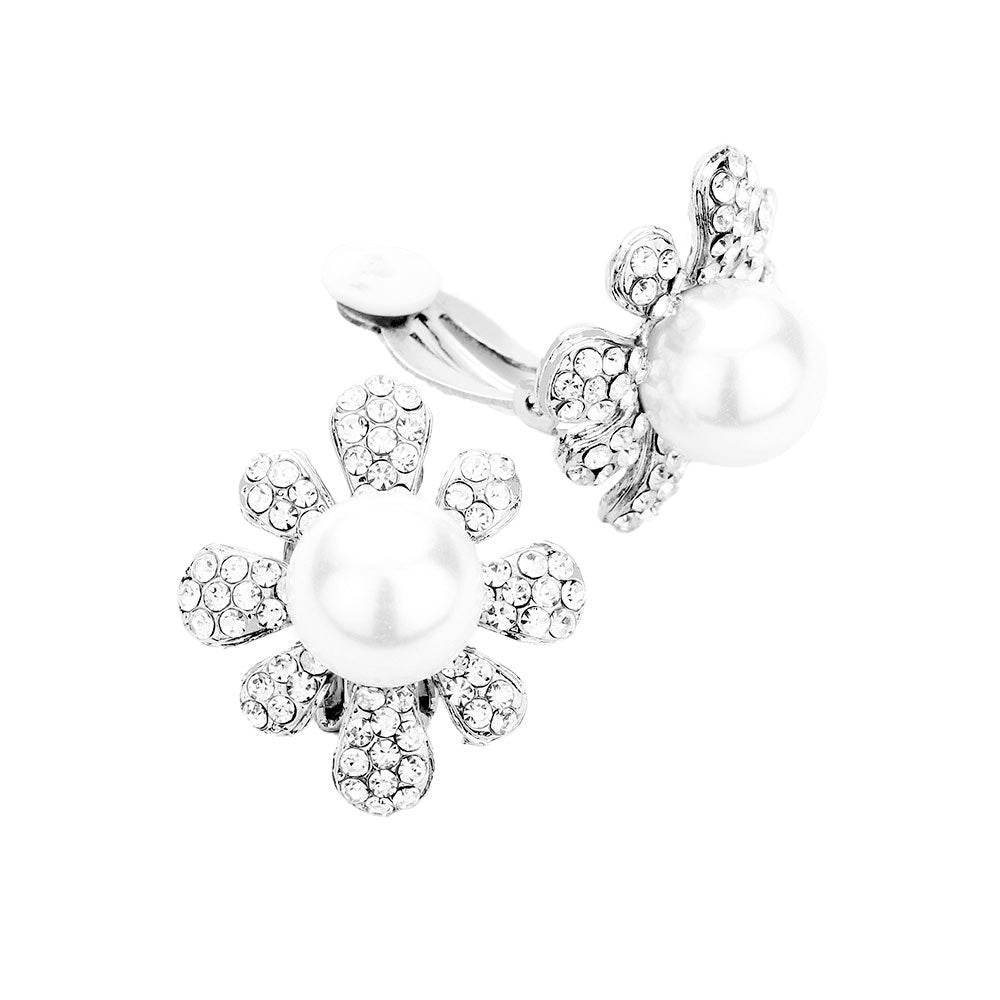 Pearl Centered Crystal Floral Clip On Earrings