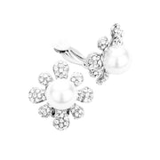 Pearl Centered Crystal Floral Clip On Earrings