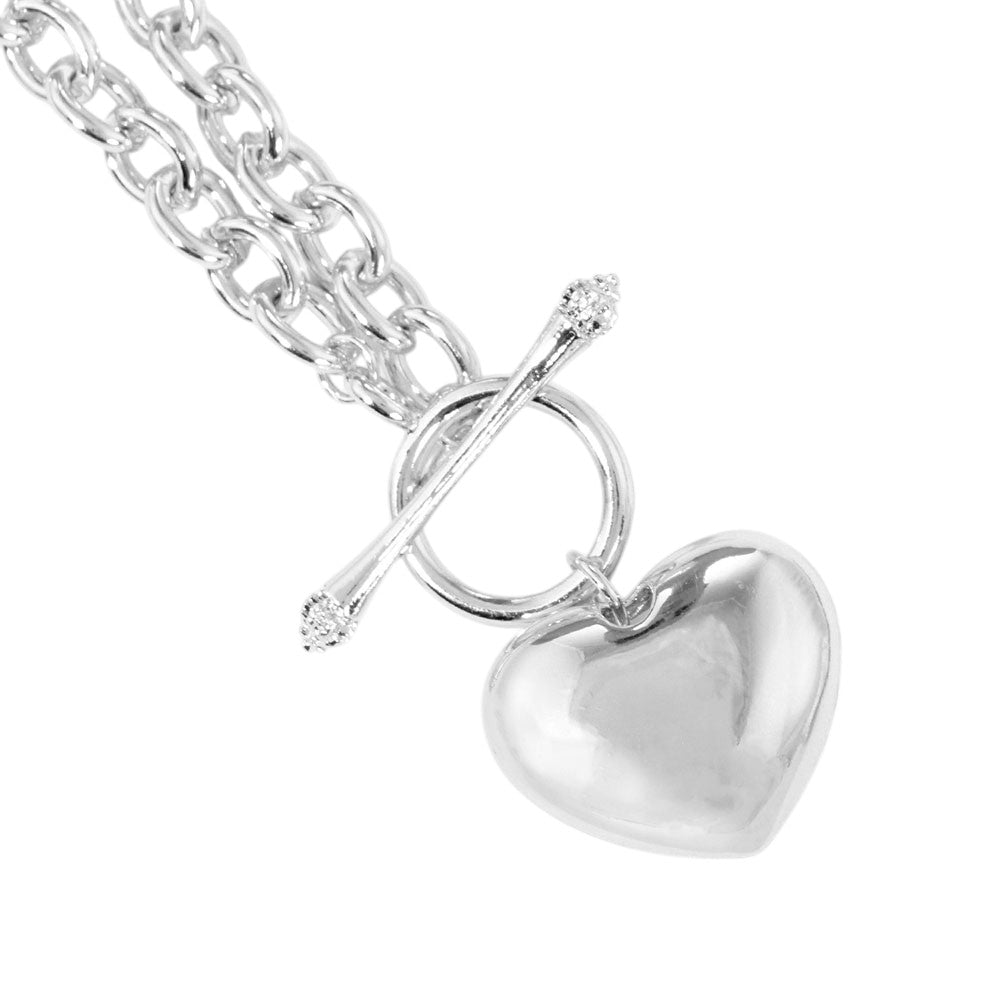 White Gold Dipped Brass Metal Heart Pendant Toggle Necklace