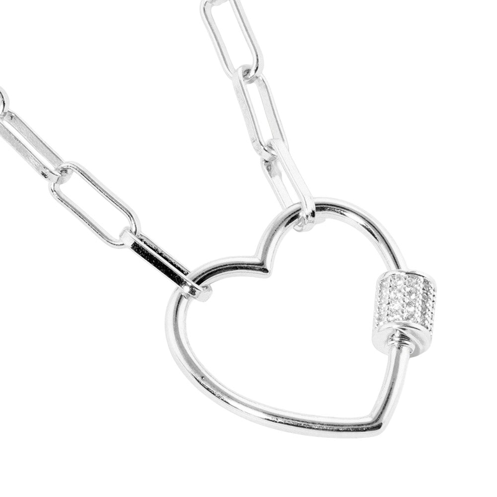 White Gold Dipped CZ Open Heart Carabiner Pendant Paperclip Necklace