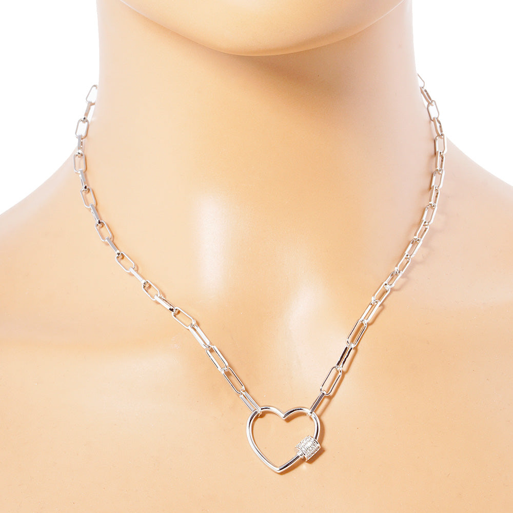 White Gold Dipped CZ Open Heart Carabiner Pendant Paperclip Necklace