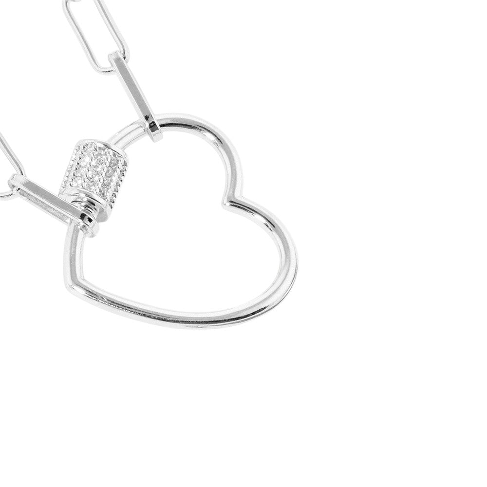 White Gold Dipped CZ Open Heart Carabiner Pendant Paperclip Necklace