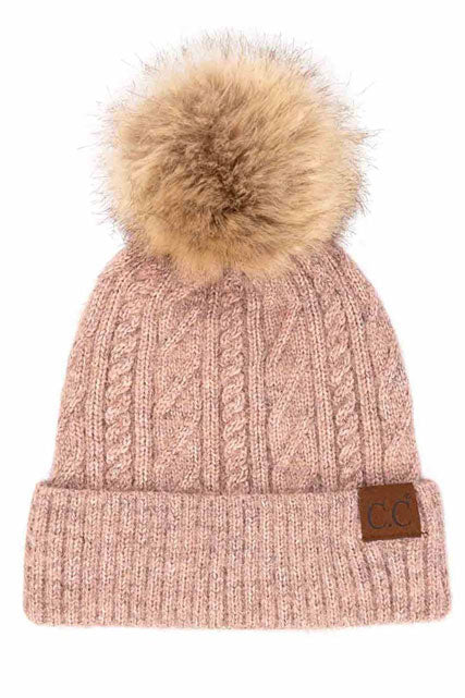 Soft Cuff Cable Knit Fur Pom C.C Beanie