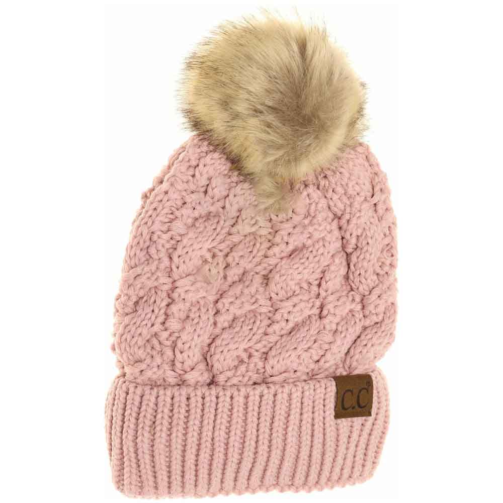 Ribbed Cable Knit Fur Pom C.C Beanie