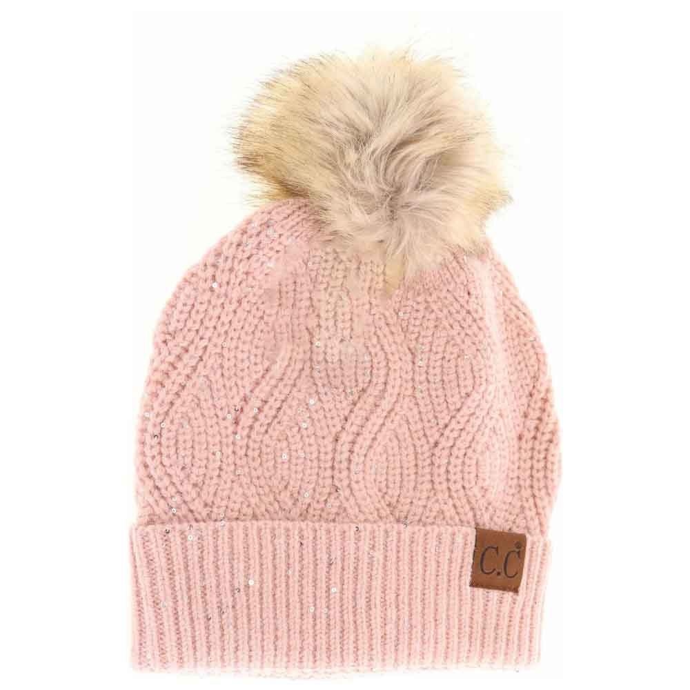 Sequin Brioche Cable Knit Fur Pom C.C Beanie