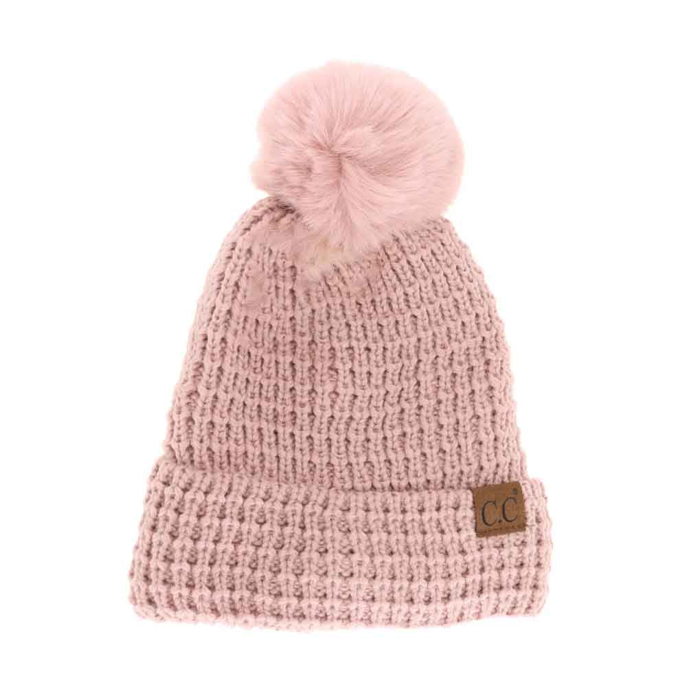 Waffle Knit Faux Fur Pom C.C Beanie