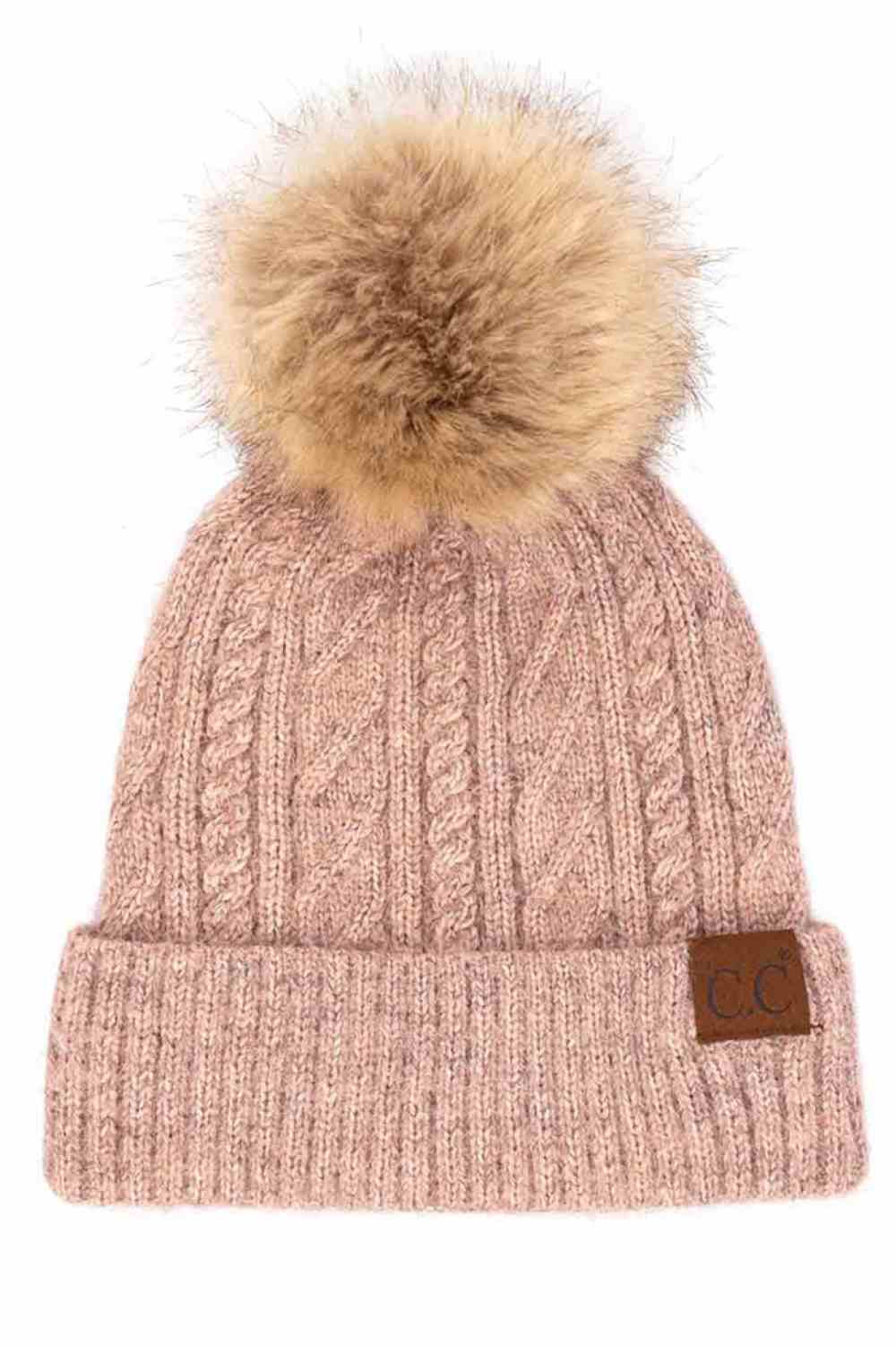 C.C Soft cuff Beanie in Mixed Cable Pattern with Faux Fur Pom