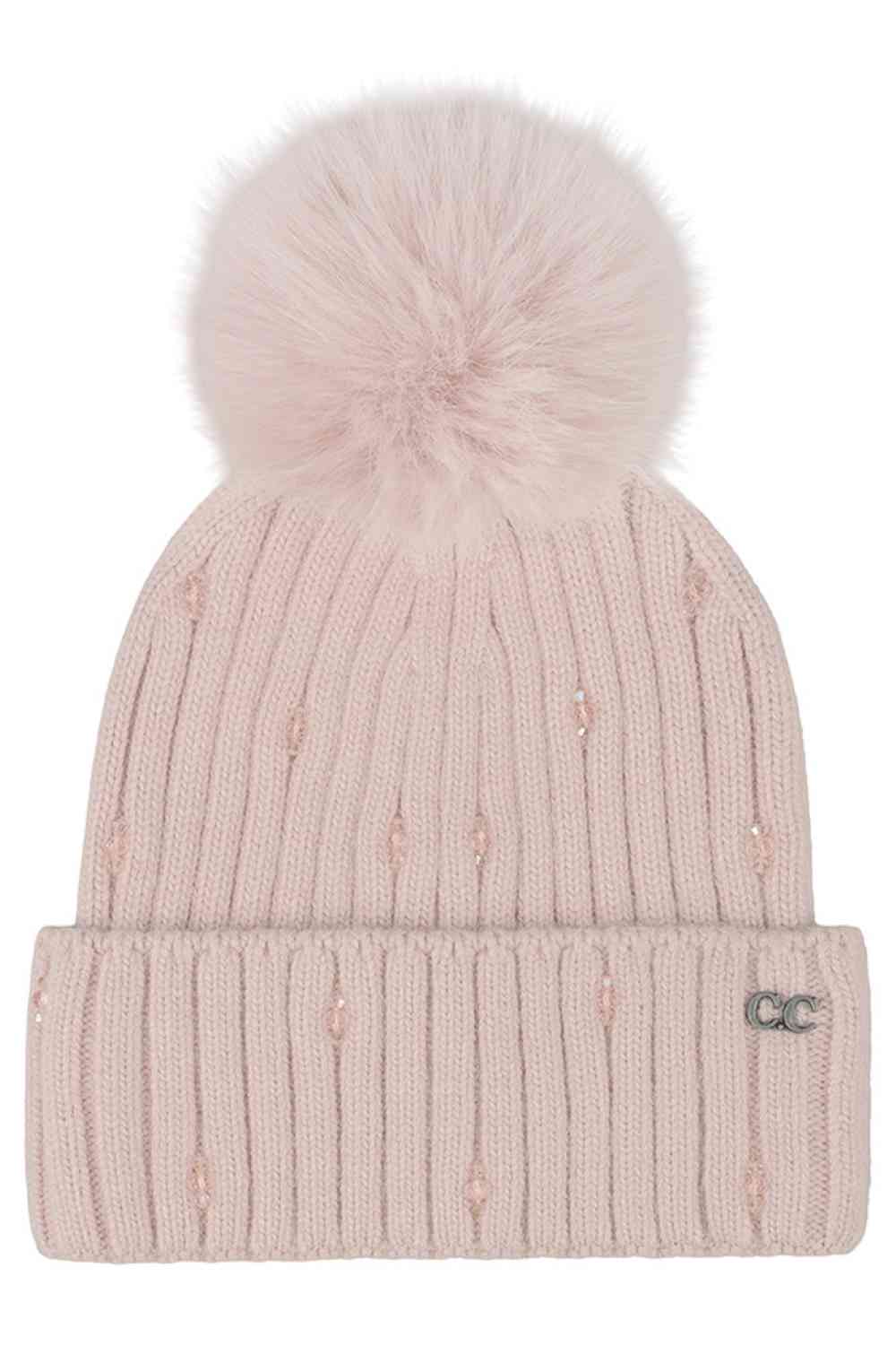 C.C Glass Bead Embellishment Faux Fur Pom Beanie