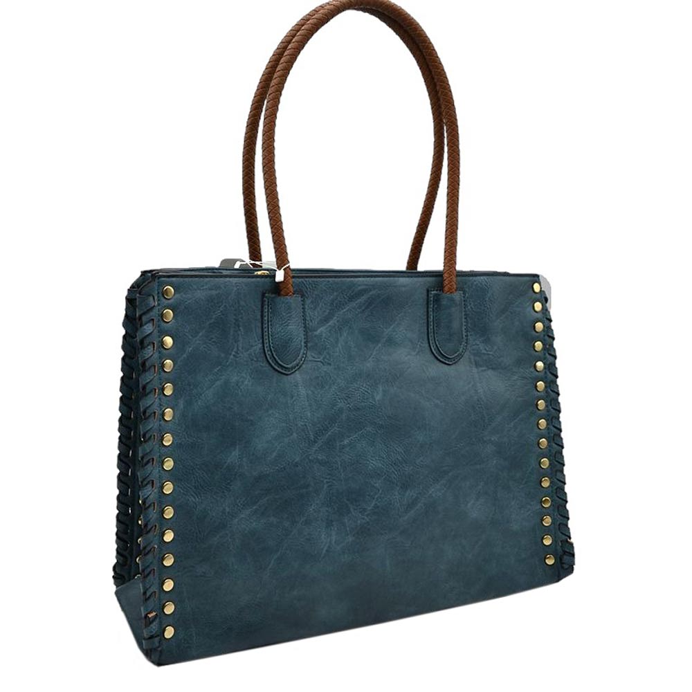 Women's Studded Faux Leather Whipstitch Shoulder Bag Tote