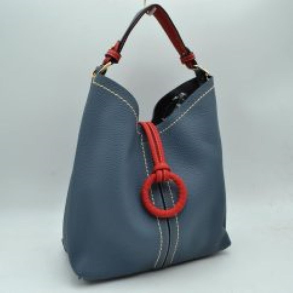 Pebbled Bucket Bag with Contrast Ring Accent and Top Handle
