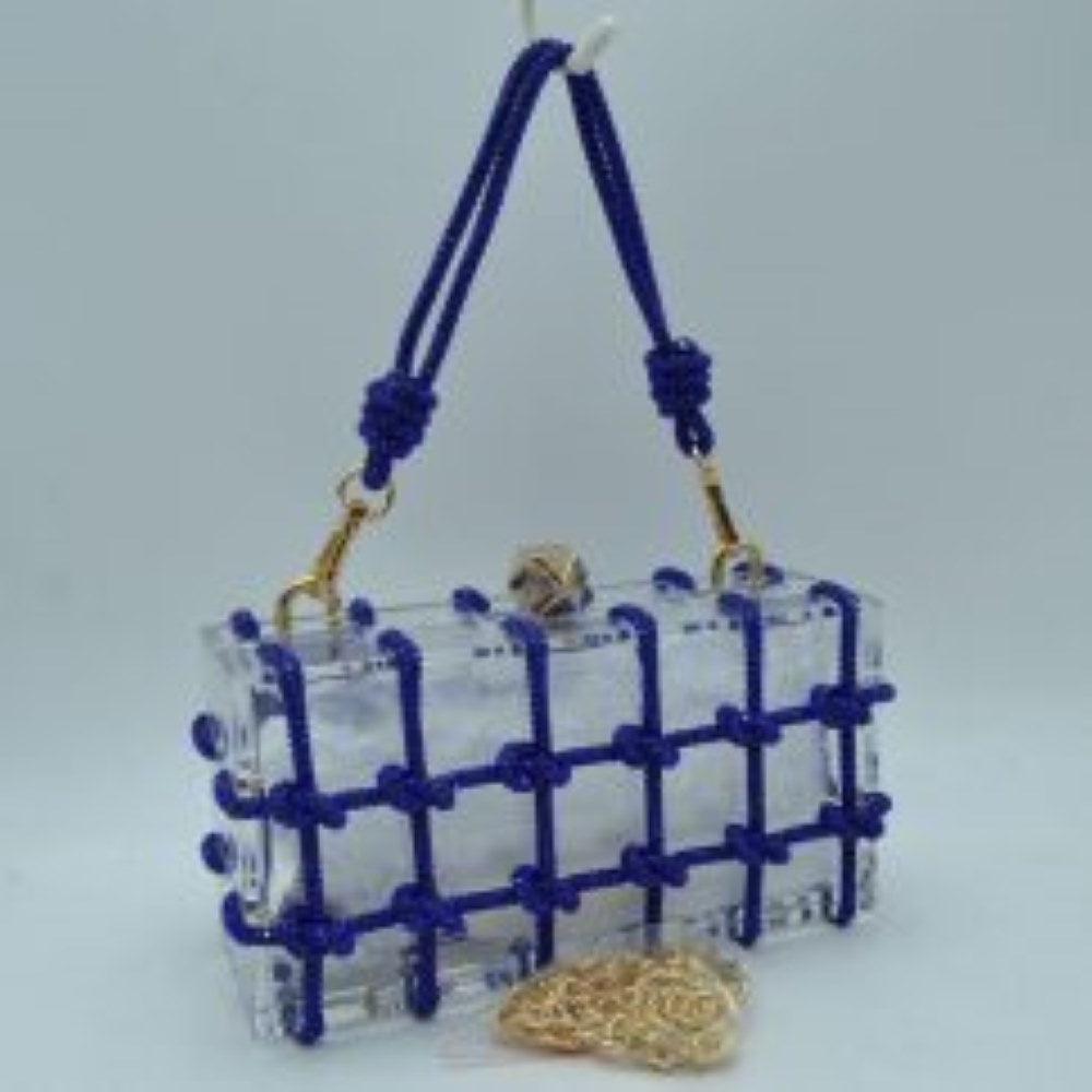 Box Clutch Bag with Cage Overlay and Cord Top Handle