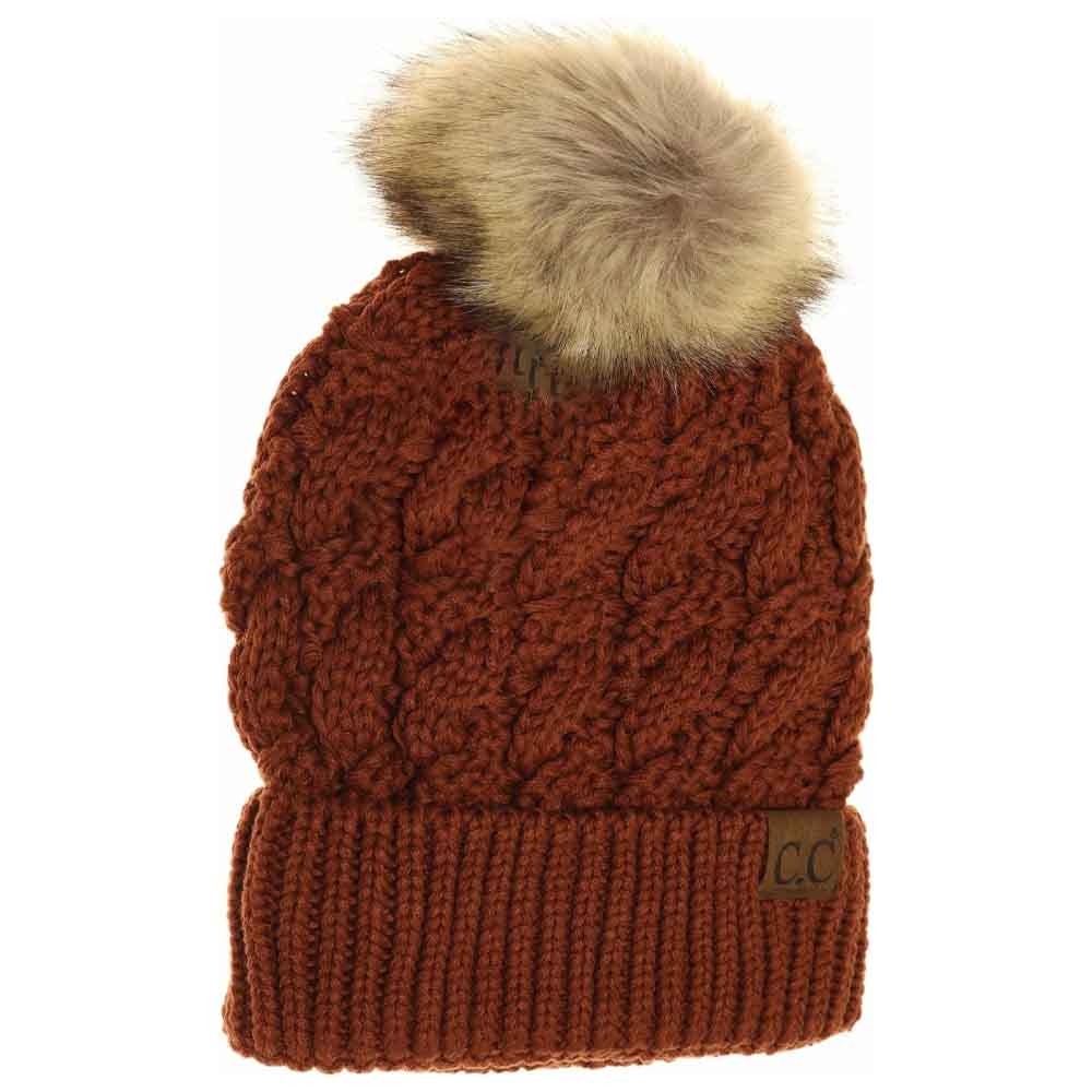 Ribbed Cable Knit Fur Pom C.C Beanie