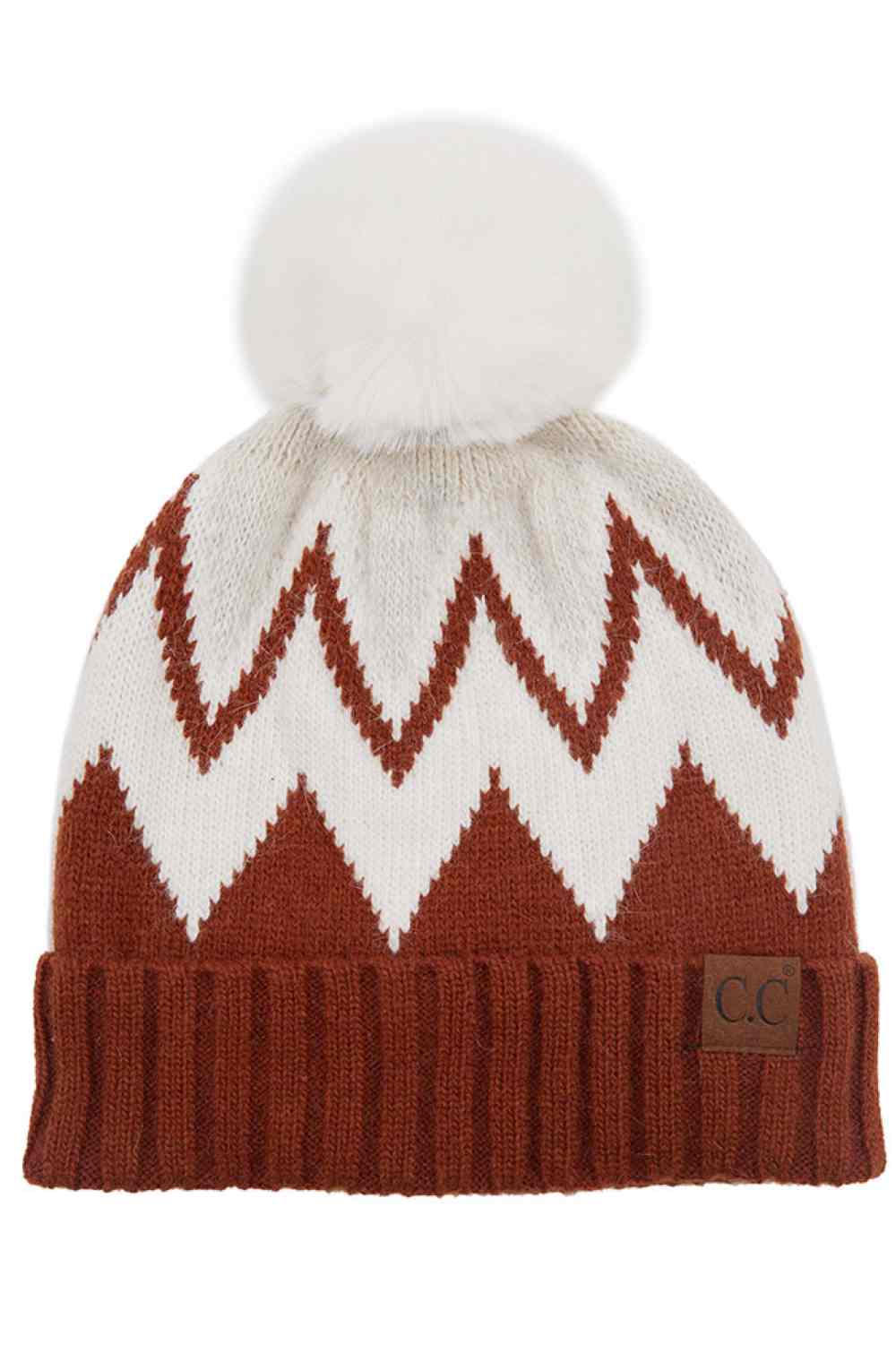 C.C Chevron Knit Beanie With Pom