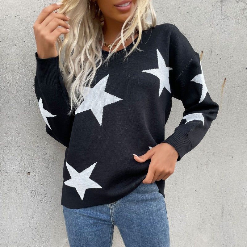 women's pentagram round neck long sleeve bottoming knitted sweater - Closther