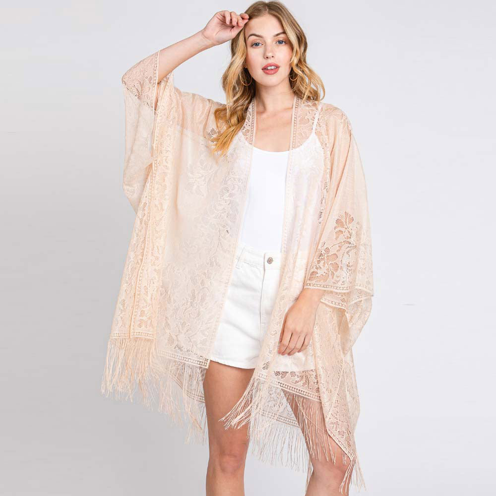 Floral Lace Kimono With Tassel Poncho