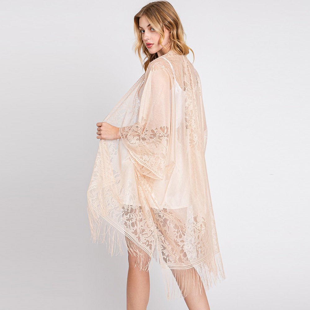 Floral Lace Kimono With Tassel Poncho