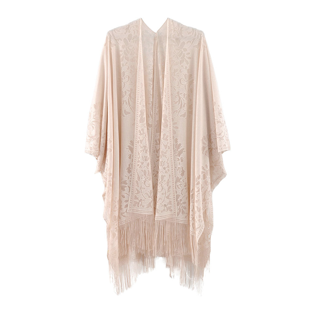 Floral Lace Kimono With Tassel Poncho