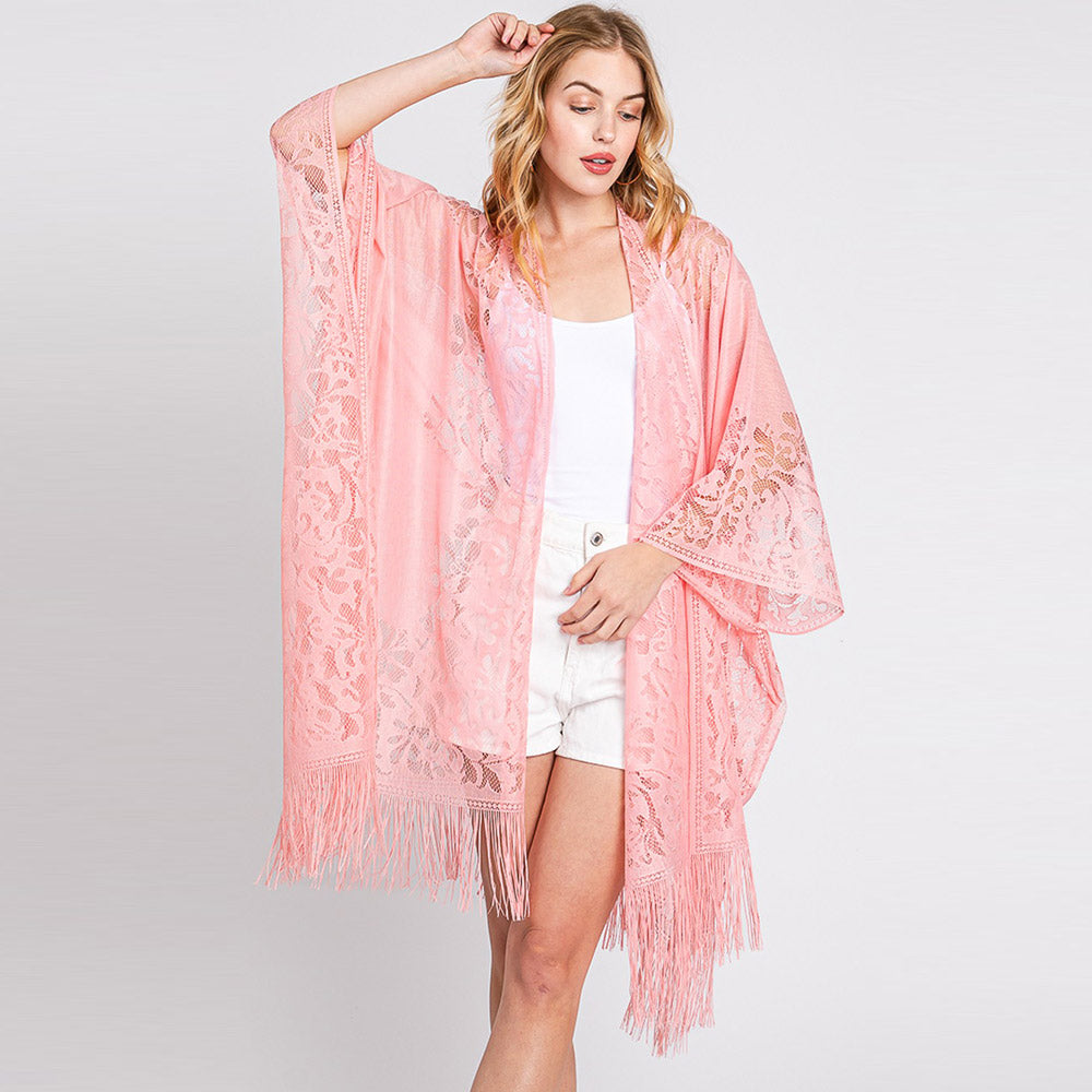 Floral Lace Kimono With Tassel Poncho