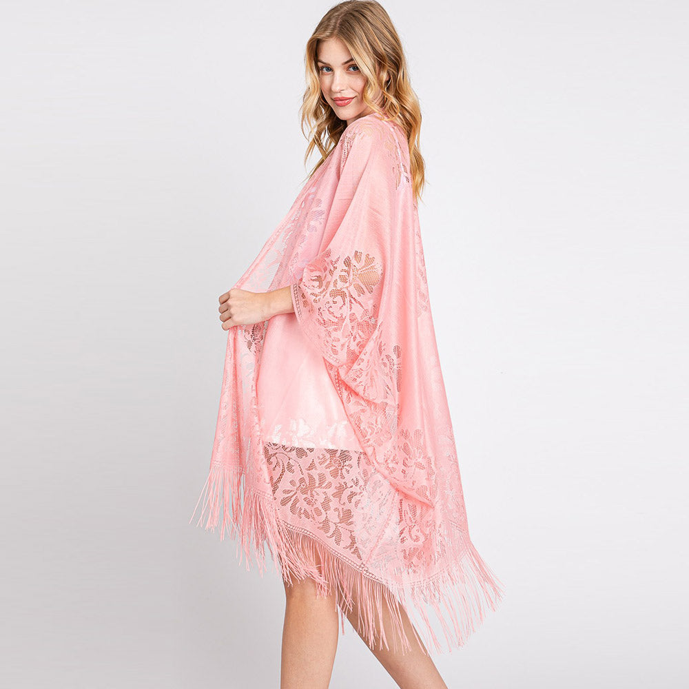 Floral Lace Kimono With Tassel Poncho