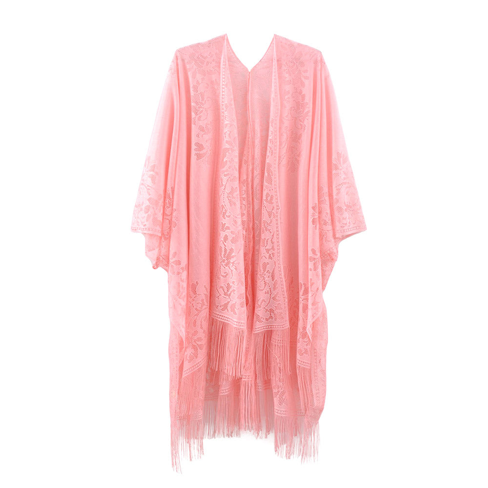Floral Lace Kimono With Tassel Poncho