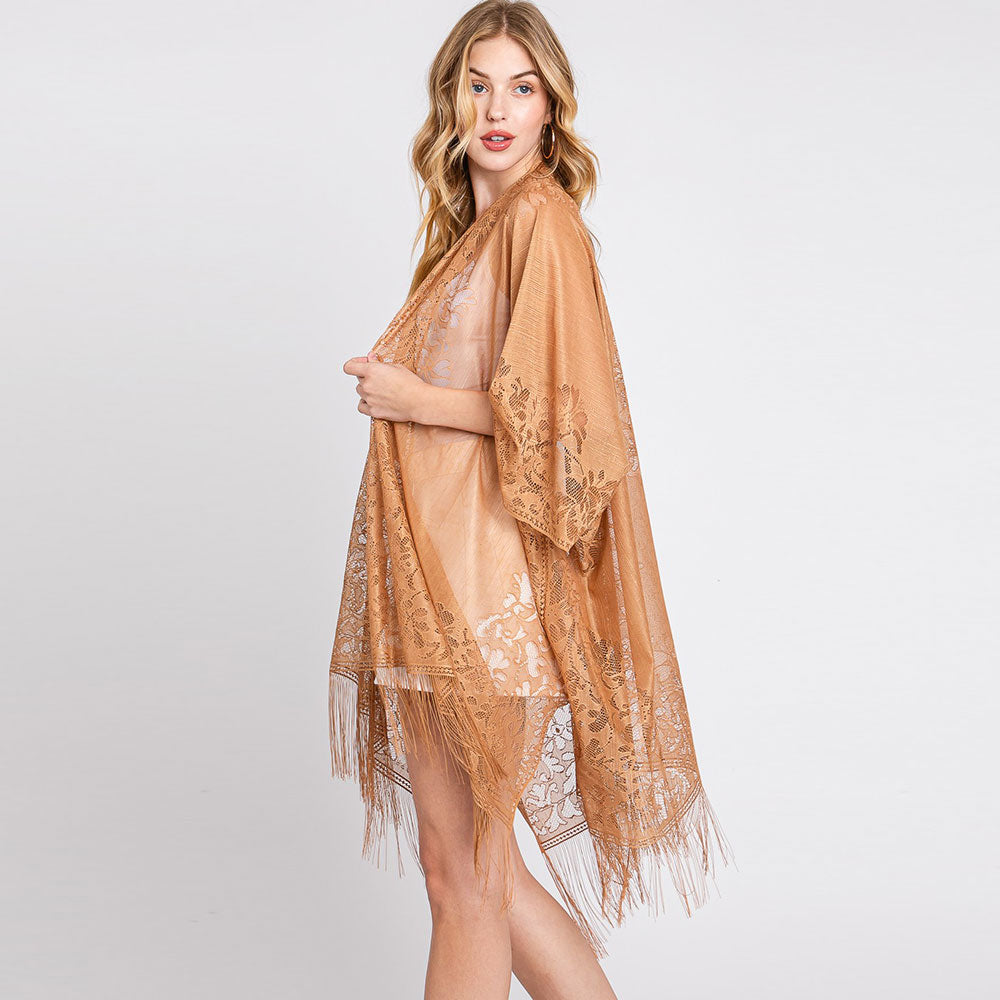 Floral Lace Kimono With Tassel Poncho