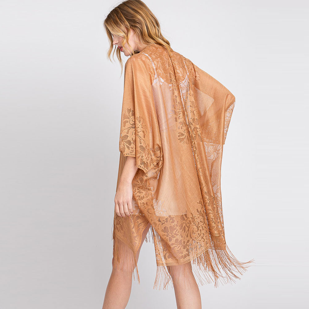 Floral Lace Kimono With Tassel Poncho