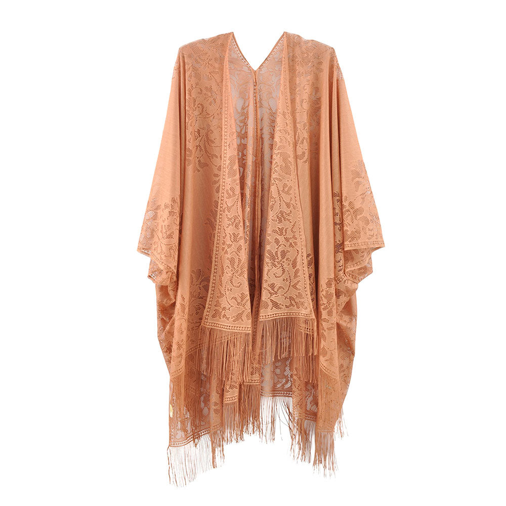 Floral Lace Kimono With Tassel Poncho