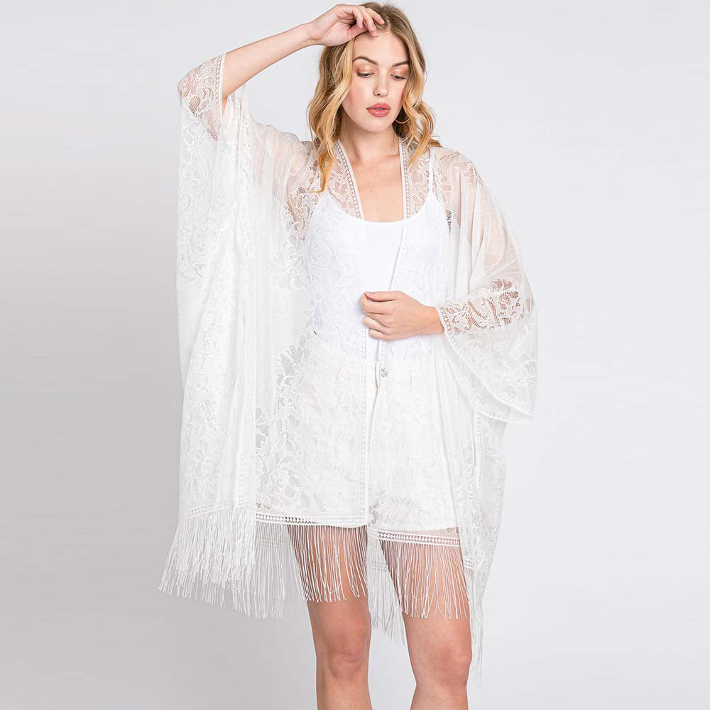 Floral Lace Kimono With Tassel Poncho