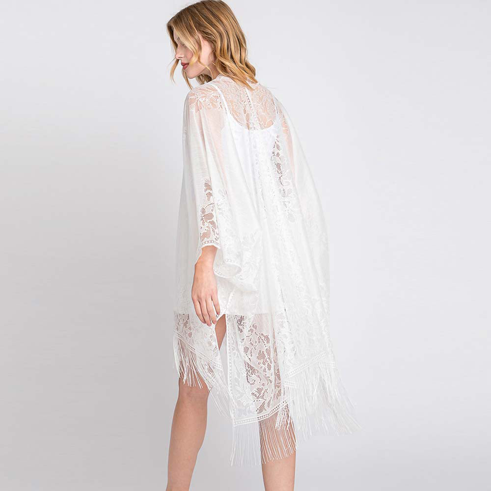 Floral Lace Kimono With Tassel Poncho