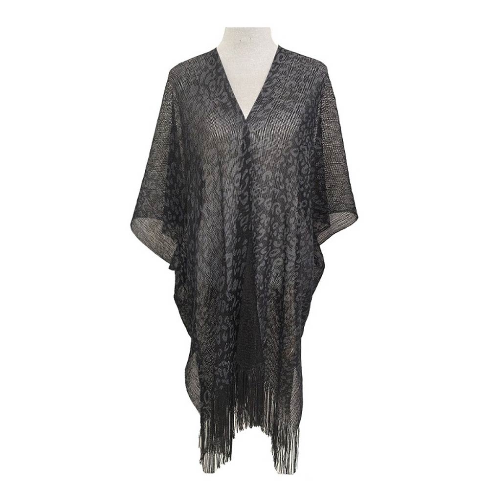 Lightweight Sheer Leopard Pattern Fringe Hem Kimono Cover Up