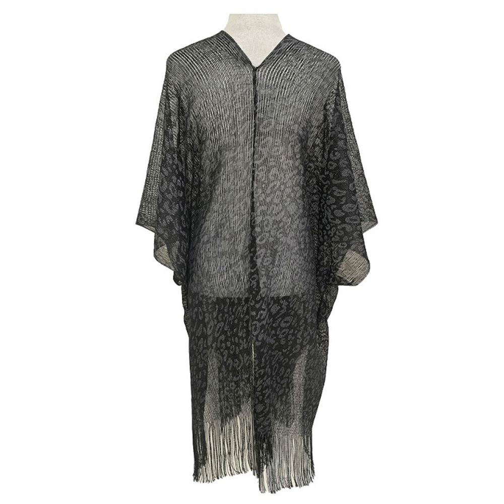 Lightweight Sheer Leopard Pattern Fringe Hem Kimono Cover Up