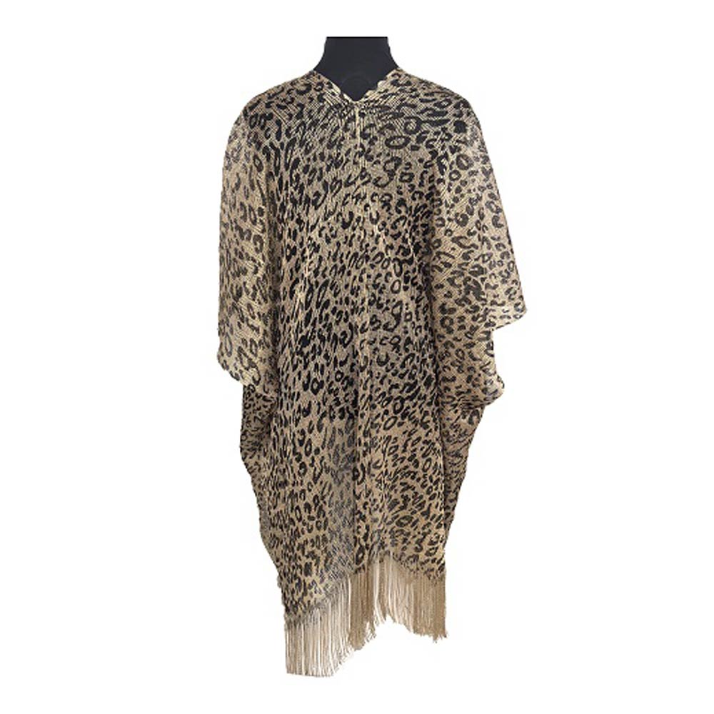 Lightweight Sheer Leopard Pattern Fringe Hem Kimono Cover Up