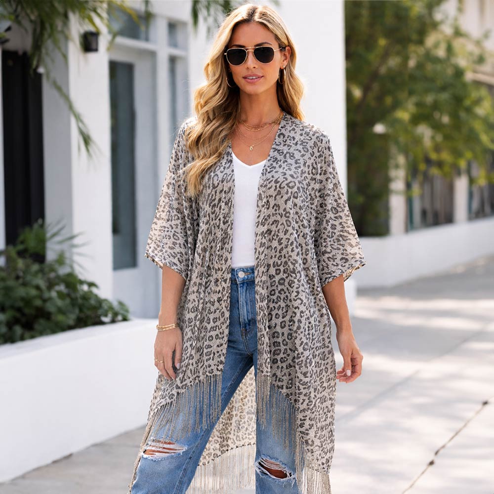 Lightweight Sheer Leopard Pattern Fringe Hem Kimono Cover Up