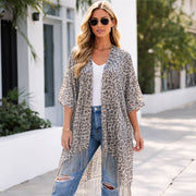 Lightweight Sheer Leopard Pattern Fringe Hem Kimono Cover Up