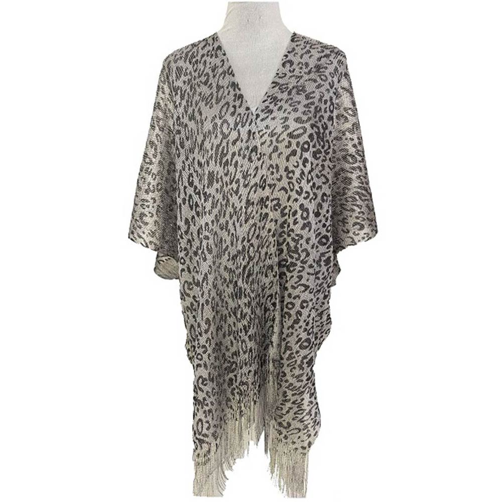 Lightweight Sheer Leopard Pattern Fringe Hem Kimono Cover Up